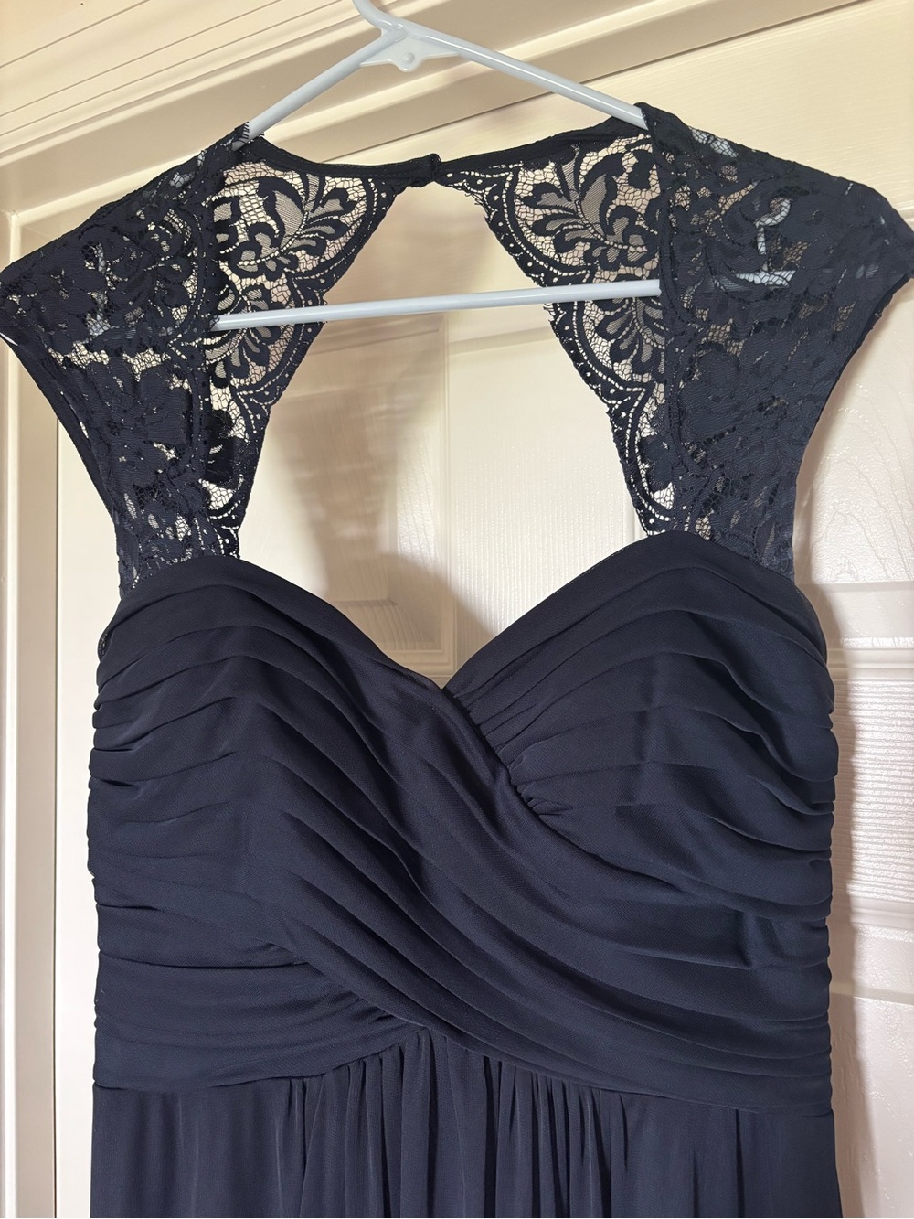 Xscape Navy Blue Lace Sleeve Evening Gown